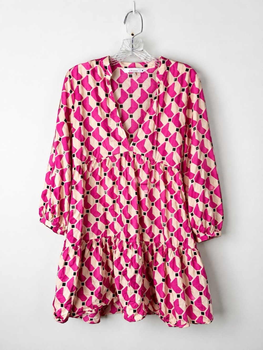 Zara Pink Geometric Print Tiered Mini Dress Cotton Long Sleeve L